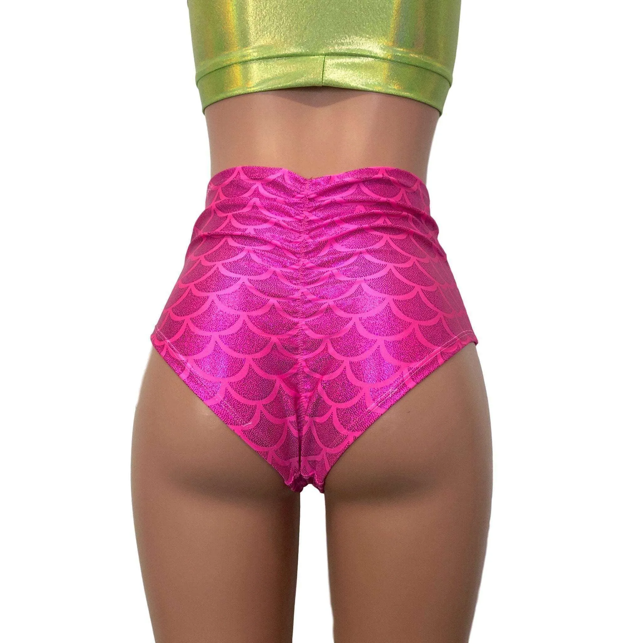 High Waist Scrunch Bikini Hot Pants - Hot Pink Mermaid Scale