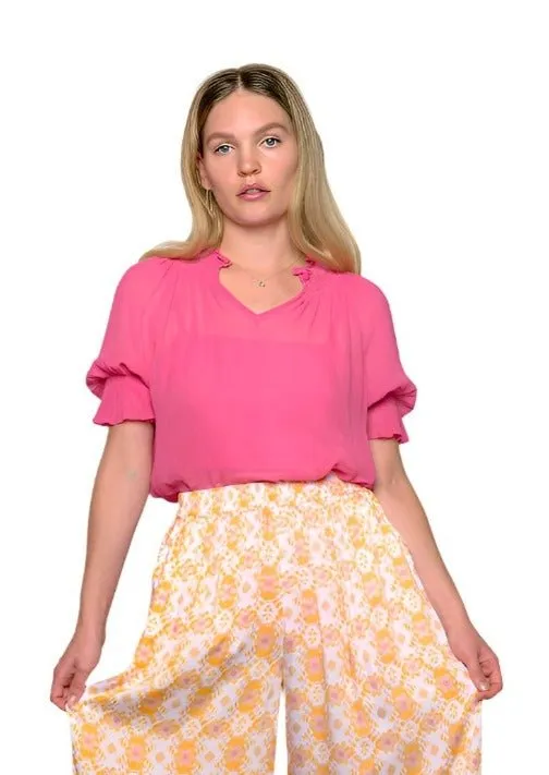 Hot Pink "Devotion" Georgette Top with Puffed Sleeves