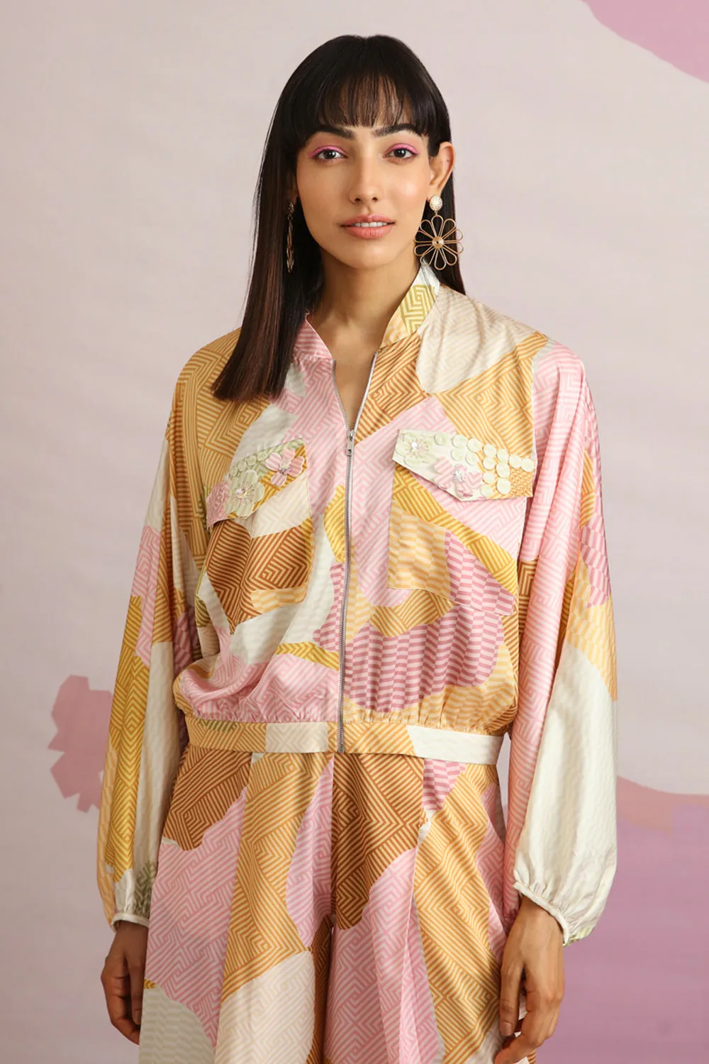 KNOLL HAND-EMBELLISHED BOMBER JACKET AND PANTS SET