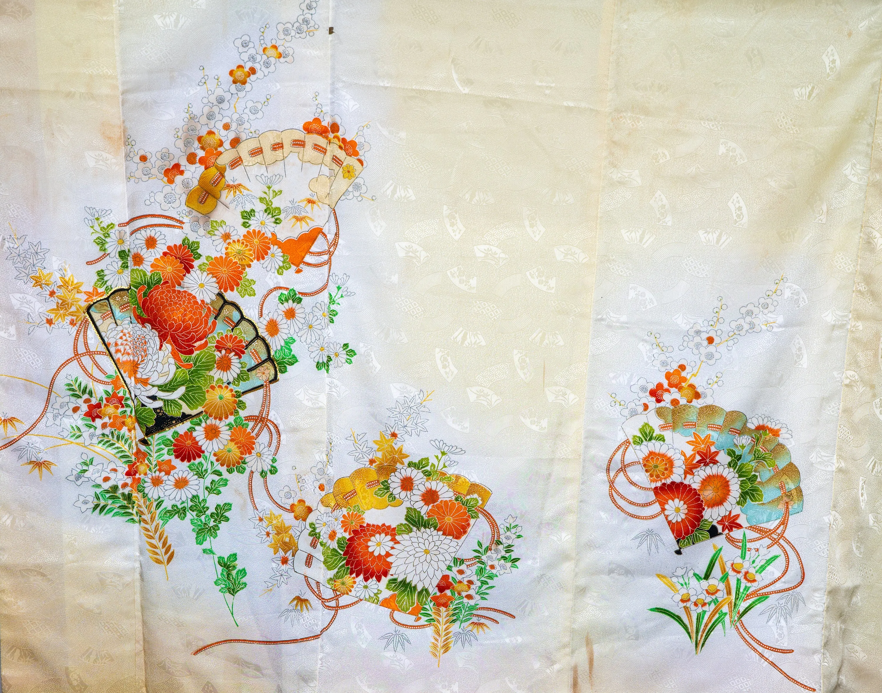 Light Yellow Houmongi with Fans and Gorgeous Flowers, Chrysanthemum Cherry Blossoms Sakura Leaves
