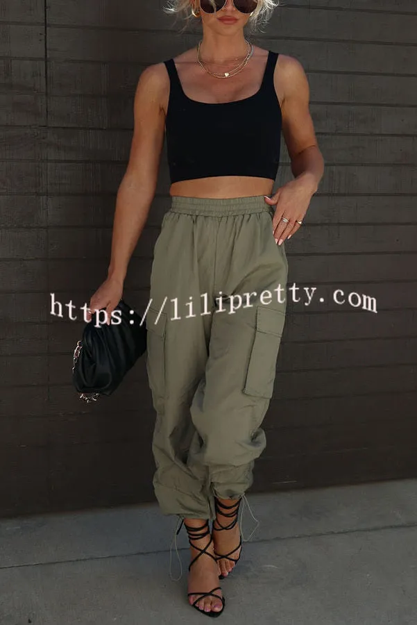 Lilipretty Let��s Rewind Nylon Elastic Waist Pocketed Cargo Pants