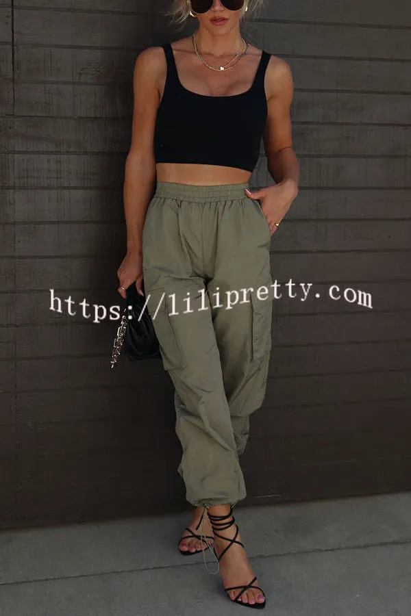 Lilipretty Let��s Rewind Nylon Elastic Waist Pocketed Cargo Pants