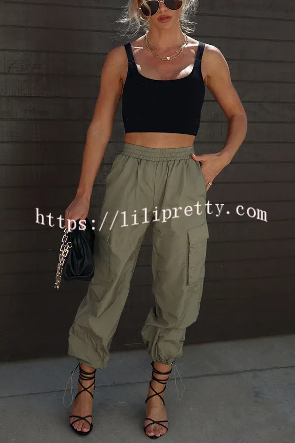 Lilipretty Let��s Rewind Nylon Elastic Waist Pocketed Cargo Pants