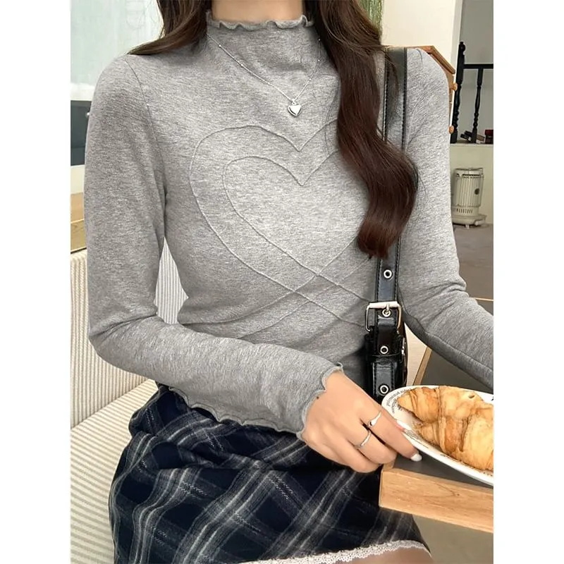 Long-Sleeve Mock Neck Heart Embroidered Lettuce Edge T-Shirt