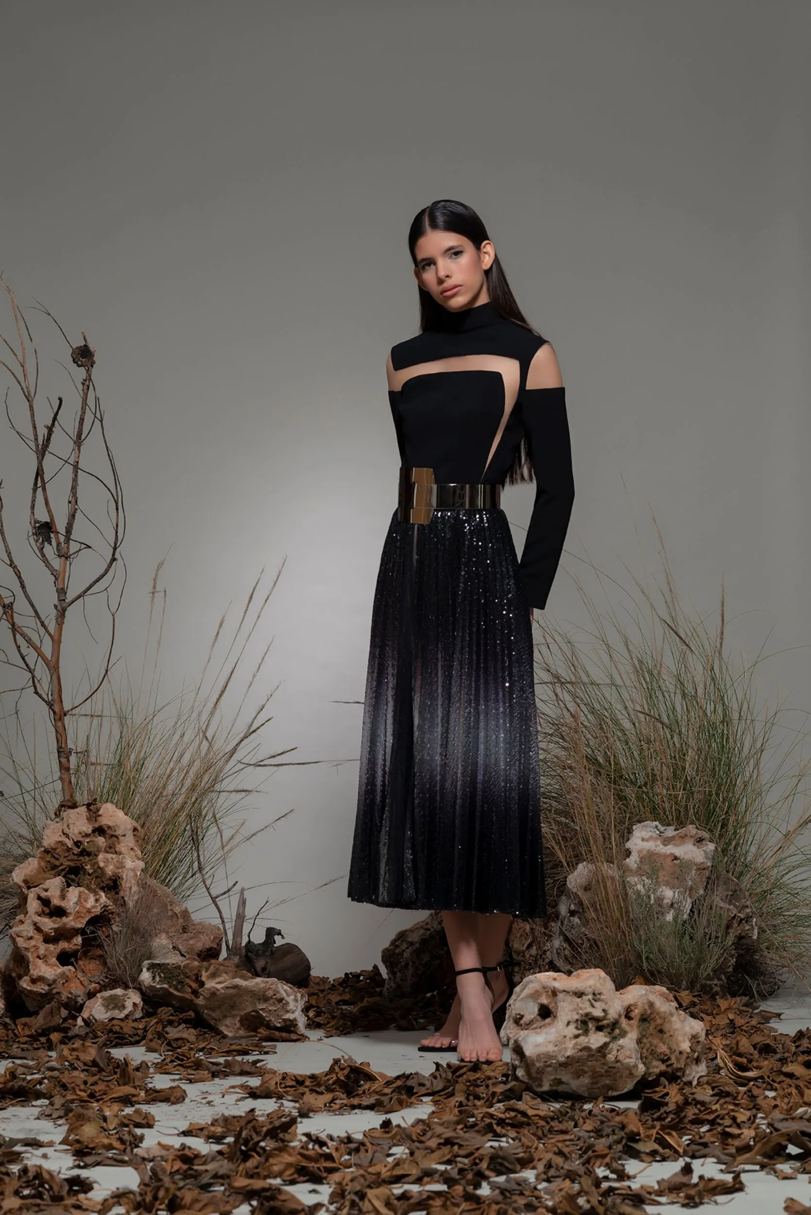 Long-Sleeved A-line Midi Dress