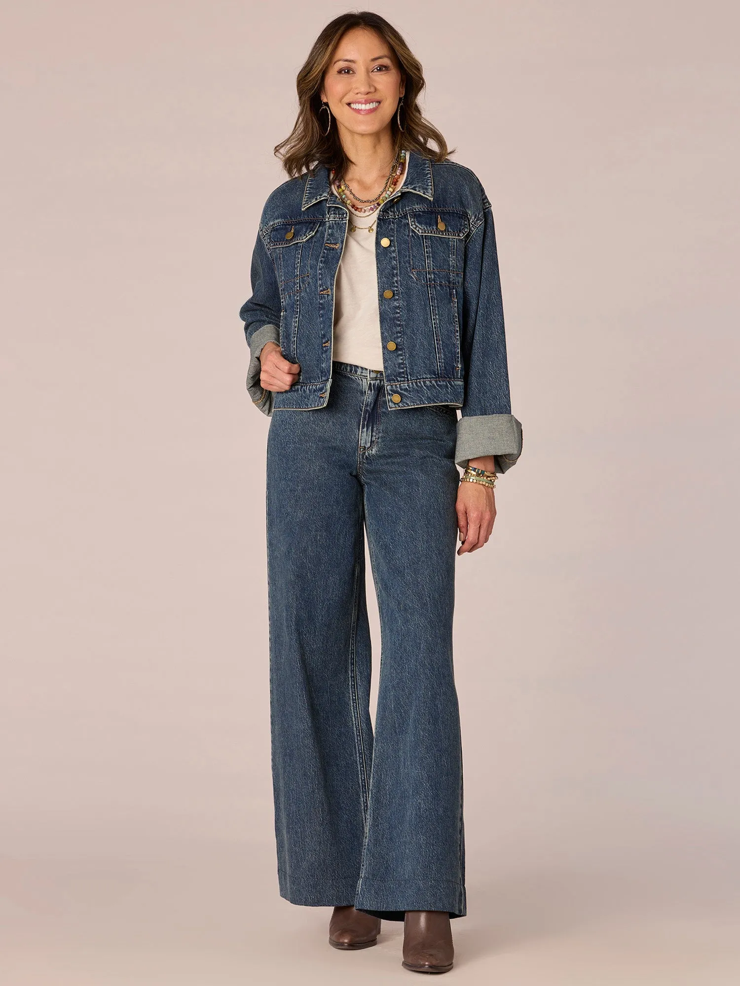 Long Wide Fixed Cuff Sleeve Button Front Denim Jacket