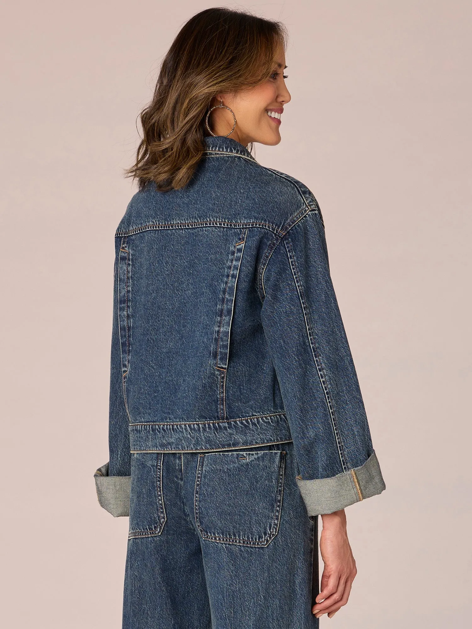 Long Wide Fixed Cuff Sleeve Button Front Denim Jacket