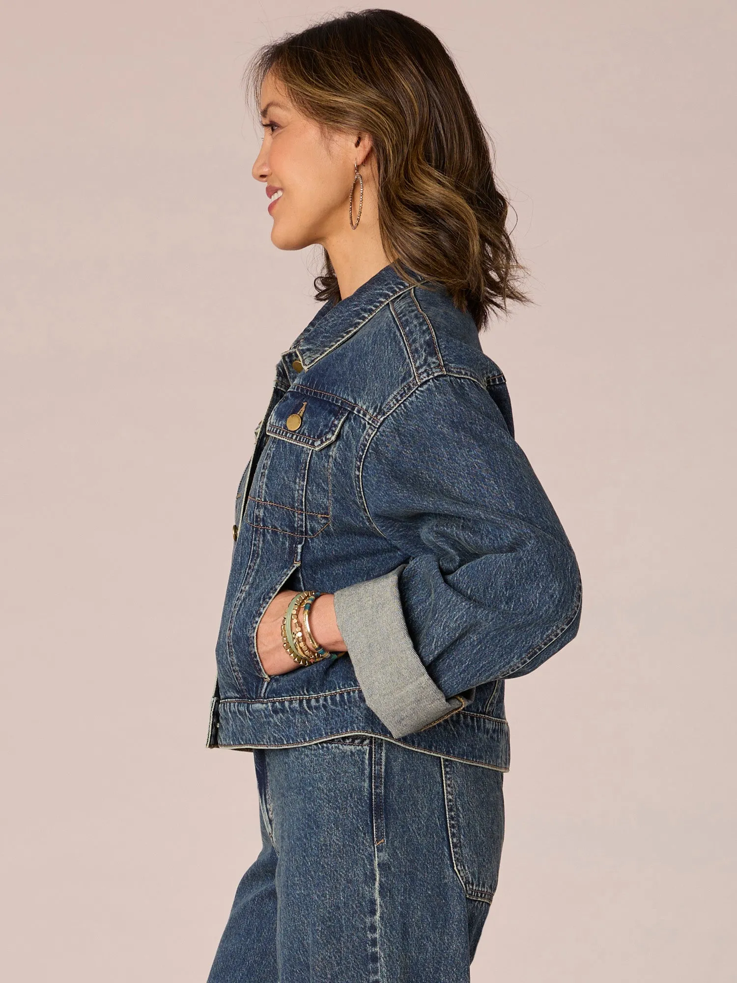 Long Wide Fixed Cuff Sleeve Button Front Denim Jacket
