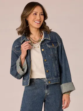 Long Wide Fixed Cuff Sleeve Button Front Denim Jacket
