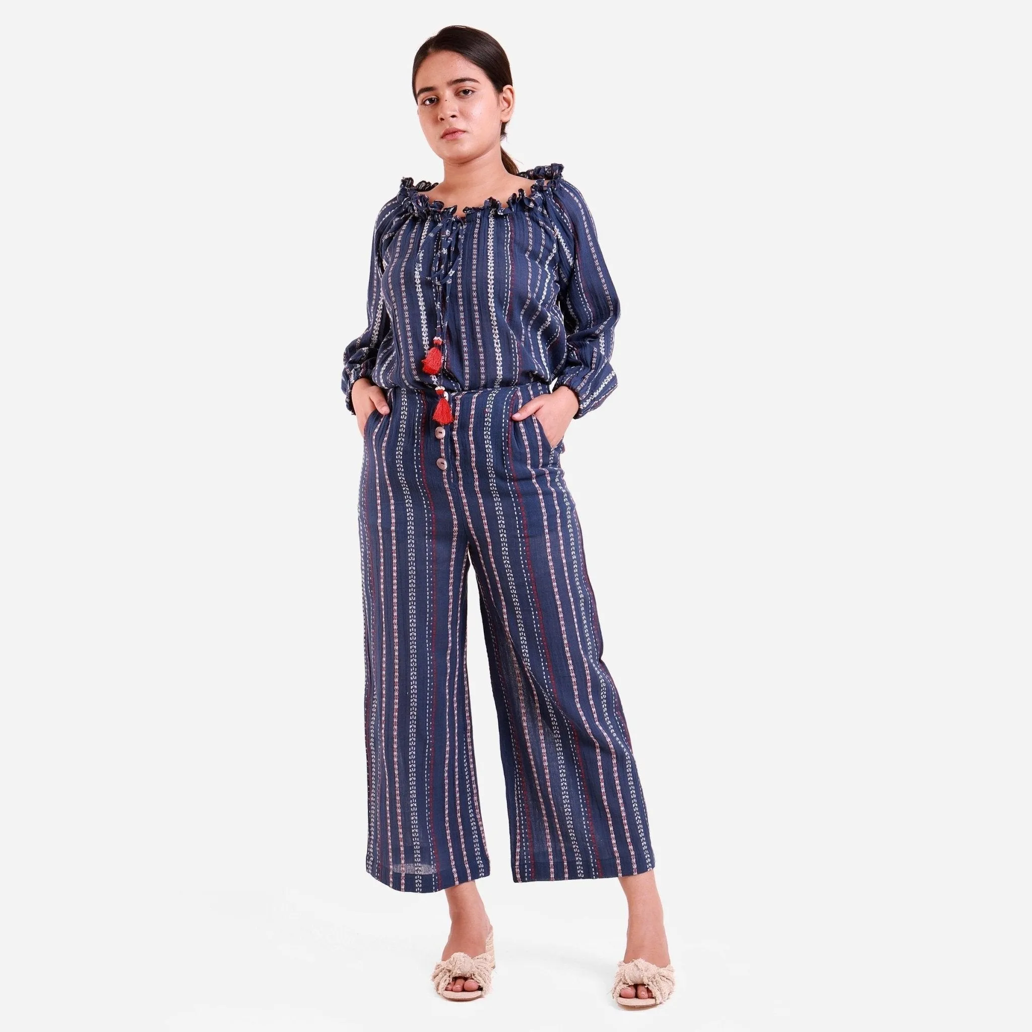 Navy Blue Striped Crinkled Cotton Mid-Rise Culottes