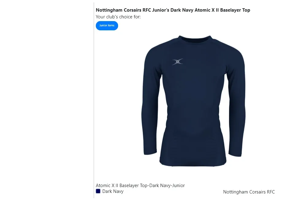 Nottingham Corsairs RFC Junior's Dark Navy Atomic X II Baselayer Top