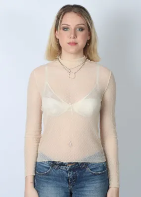 Nude Sheer Diamond Weave Mock Neck Top