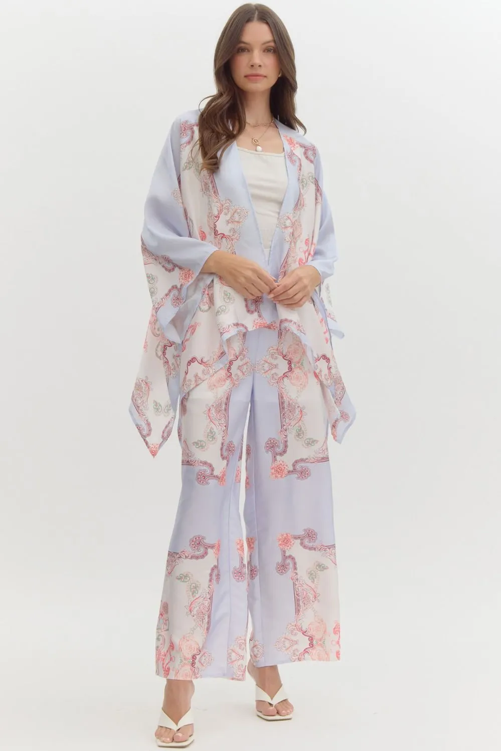 satin paisley print kimono cardigan