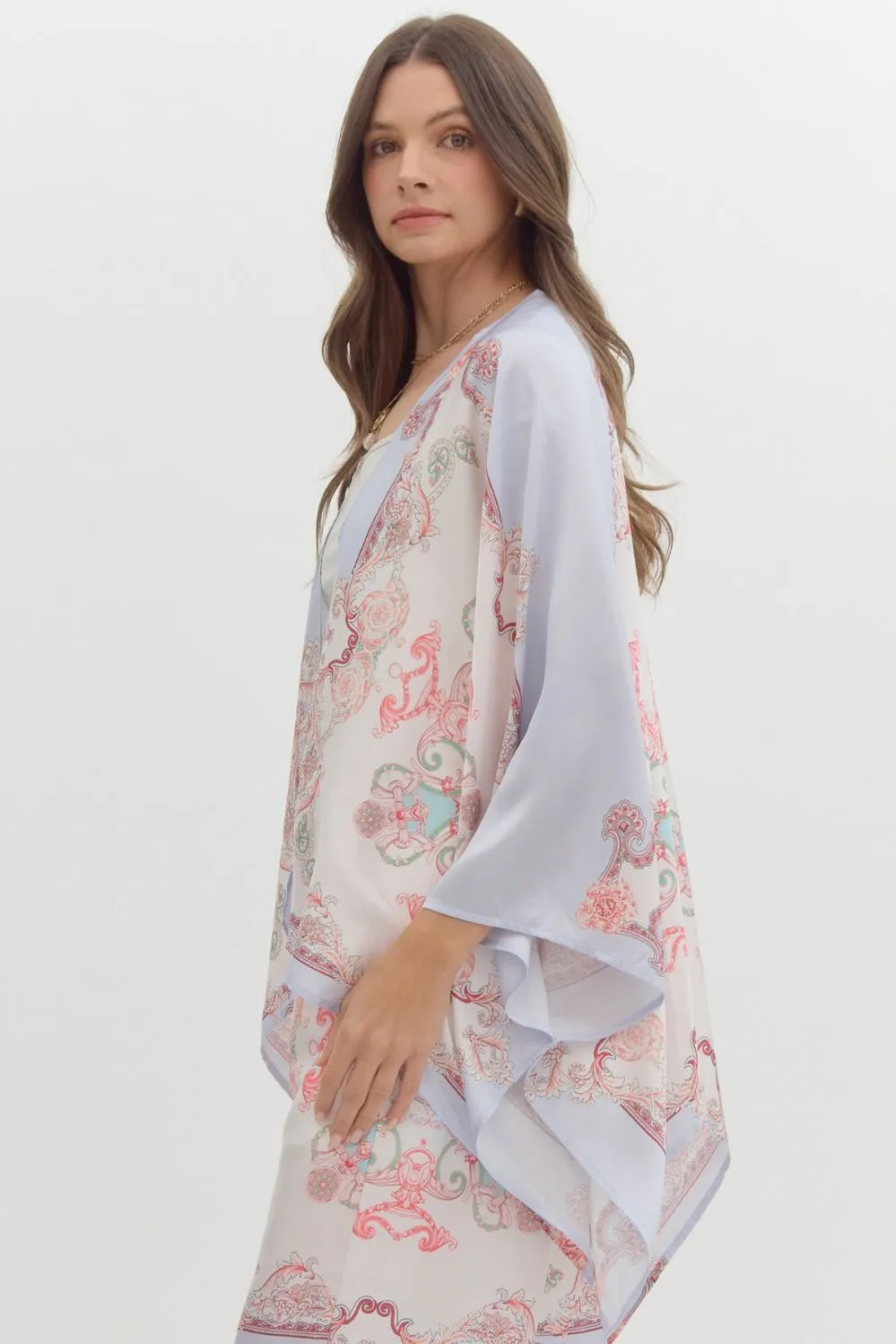 satin paisley print kimono cardigan