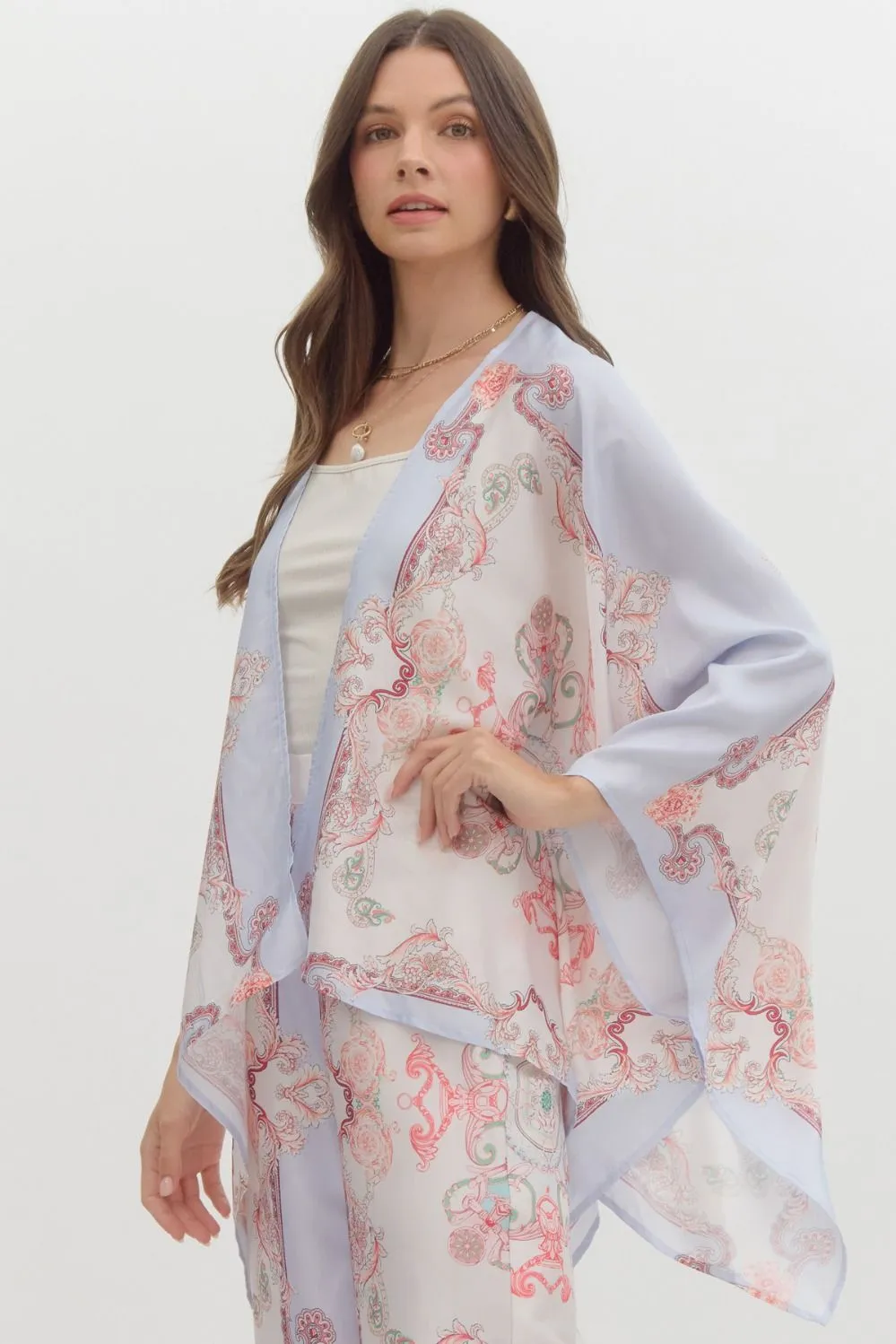 satin paisley print kimono cardigan