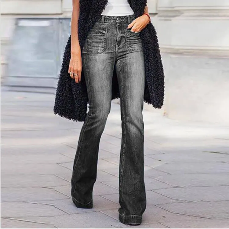 Sexy Flare High Waist Pockets Denim Pants