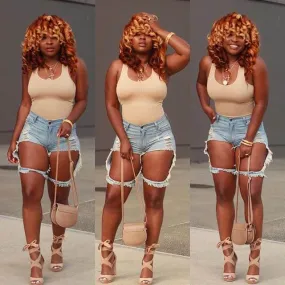 Sexy High Waist Light Blue Cutout Denim Half Pants
