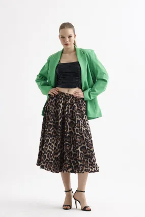 SNS Sense Coffee Black Leopard Waist Elastic Leopard Patterned Below Knee Flared Skirt - Kostiantynivka