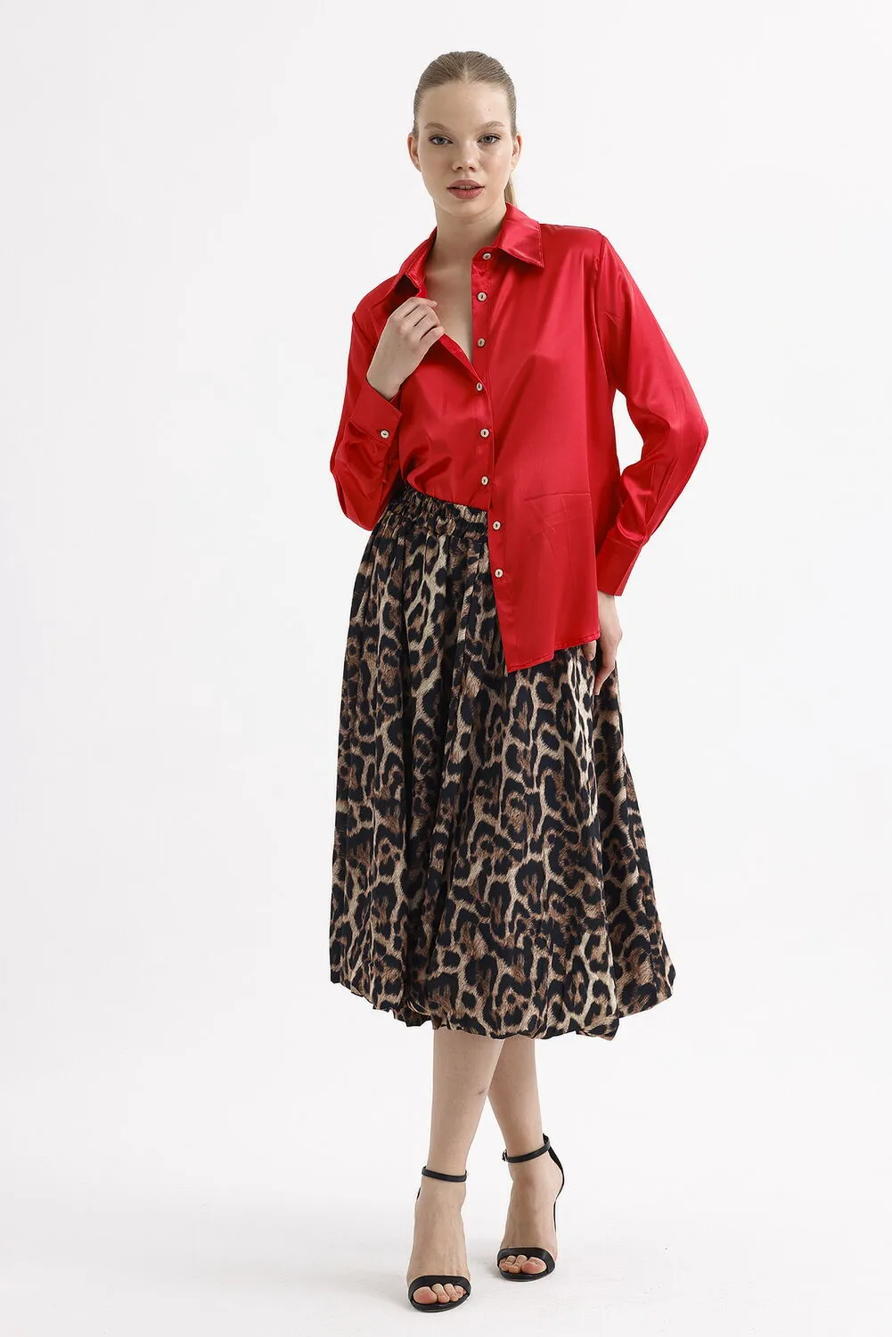 SNS Sense Coffee Black Leopard Waist Elastic Leopard Patterned Below Knee Flared Skirt - Kostiantynivka