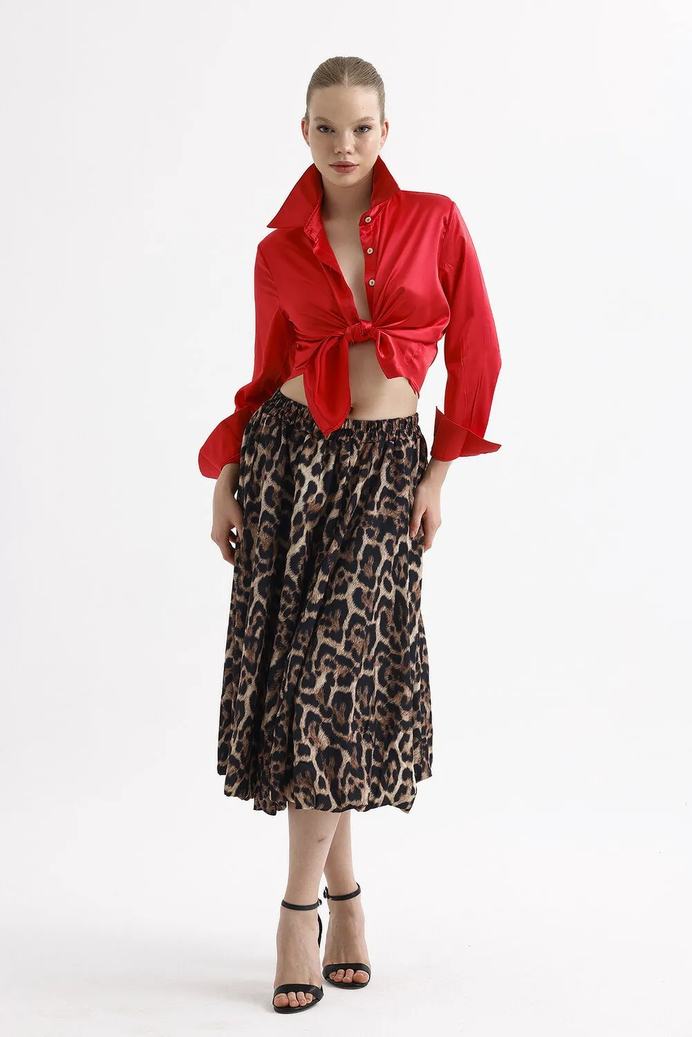 SNS Sense Coffee Black Leopard Waist Elastic Leopard Patterned Below Knee Flared Skirt - Kostiantynivka