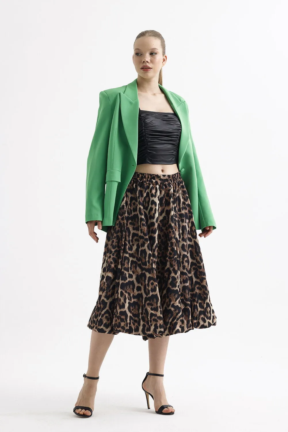SNS Sense Coffee Black Leopard Waist Elastic Leopard Patterned Below Knee Flared Skirt - Kostiantynivka