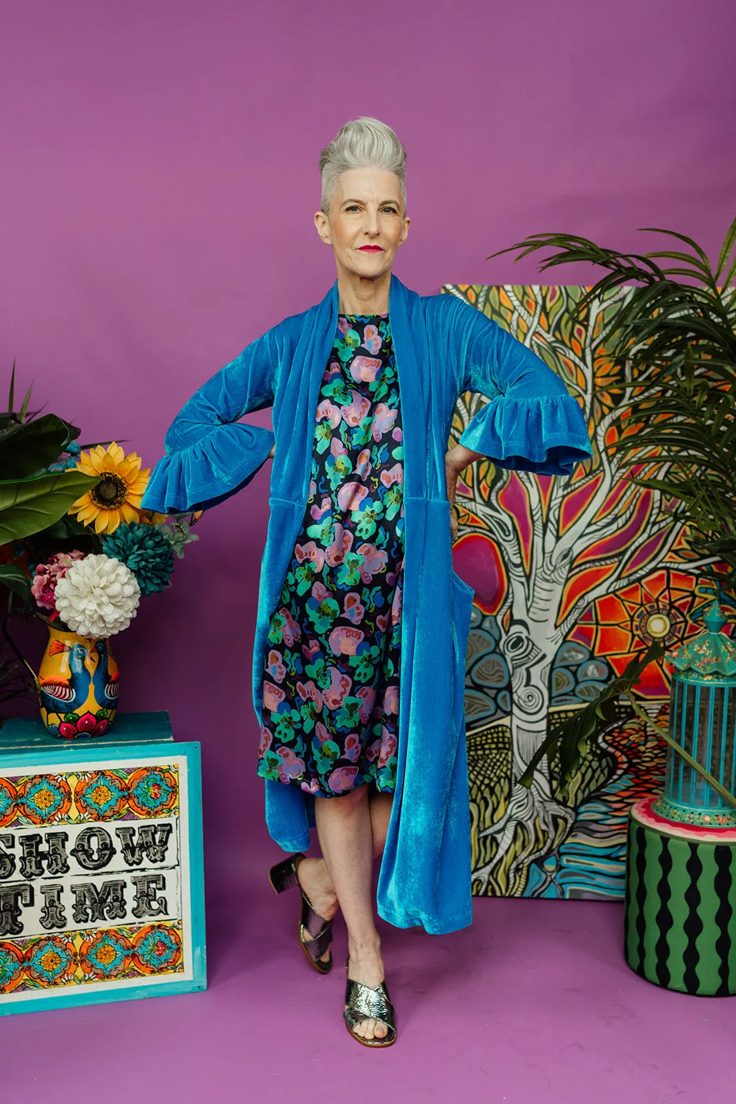 Velvet Ruffle Maxi Cardigan in Turquoise