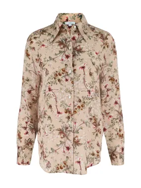 Vince Silk Orchid Vine Bias Long-Sleeve Blouse in Pale Camel