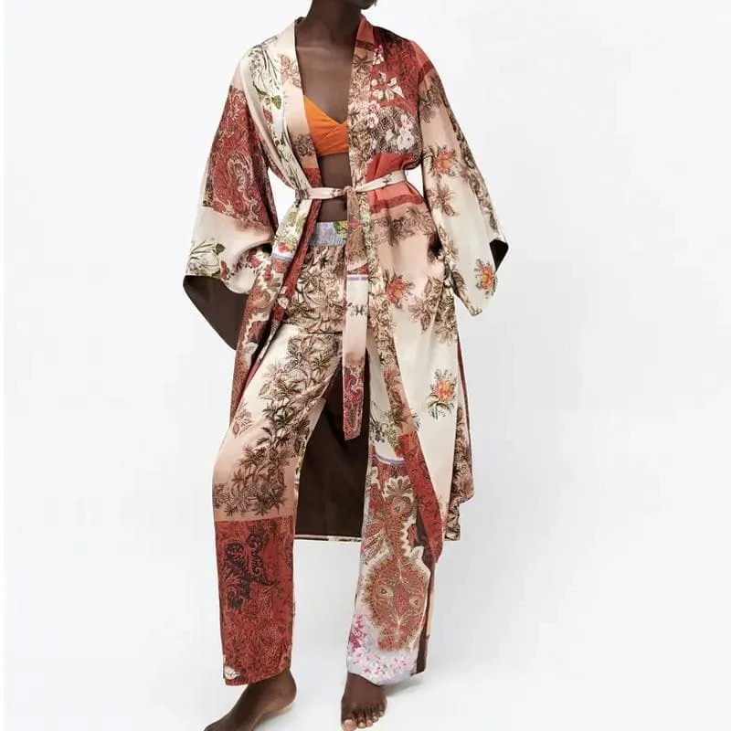 VINTAGE PRINT LOOSE KIMONO AND PANTS SET