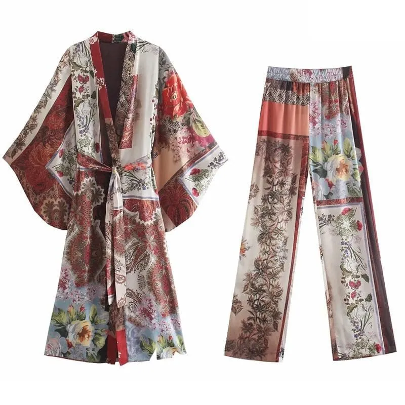 VINTAGE PRINT LOOSE KIMONO AND PANTS SET