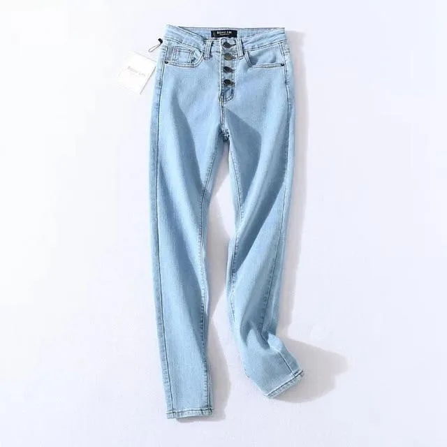 Vintage Women Skinny Four Buttons High Waist Pencil Denim Jeans