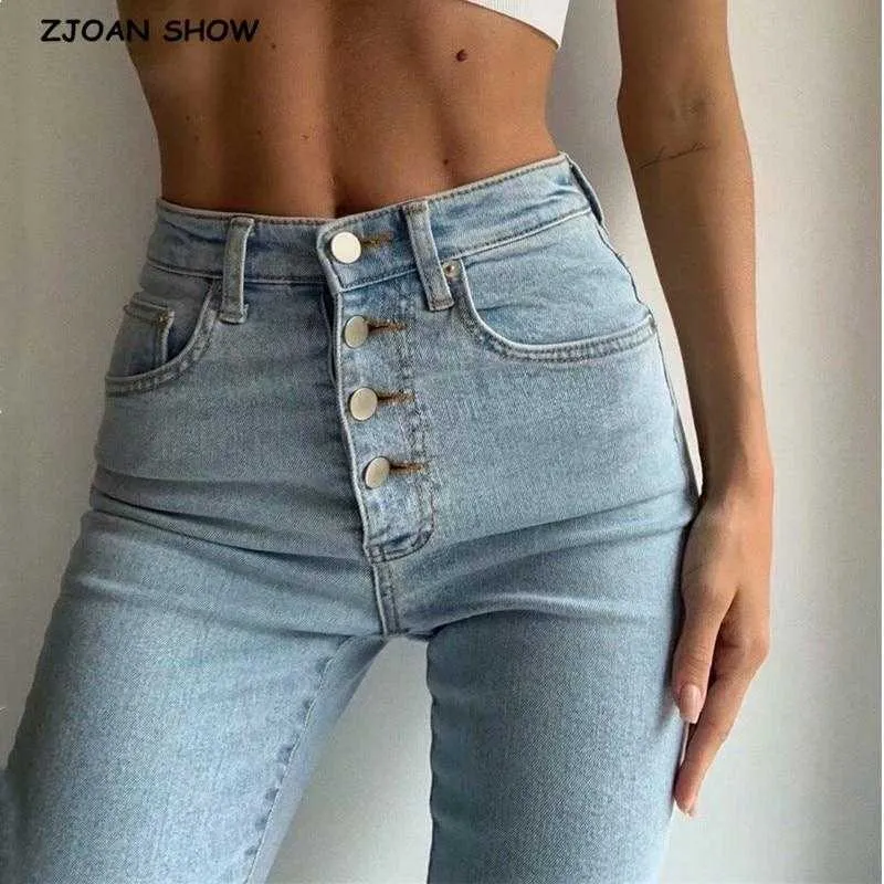 Vintage Women Skinny Four Buttons High Waist Pencil Denim Jeans
