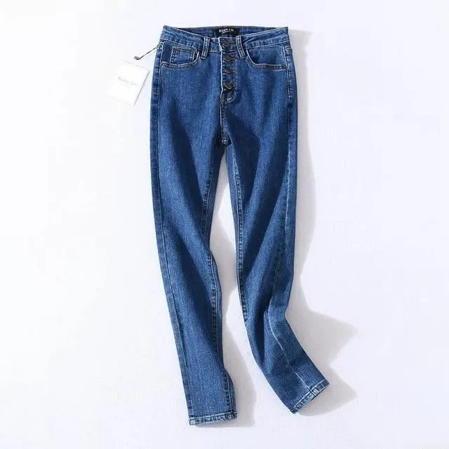 Vintage Women Skinny Four Buttons High Waist Pencil Denim Jeans