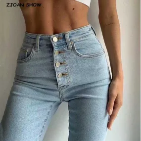 Vintage Women Skinny Four Buttons High Waist Pencil Denim Jeans