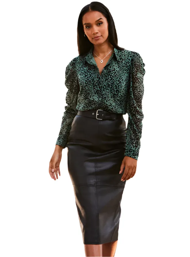 Women's Black Genuine Leather Pencil Midi Skirt