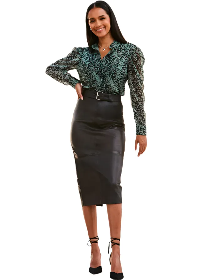 Women's Black Genuine Leather Pencil Midi Skirt