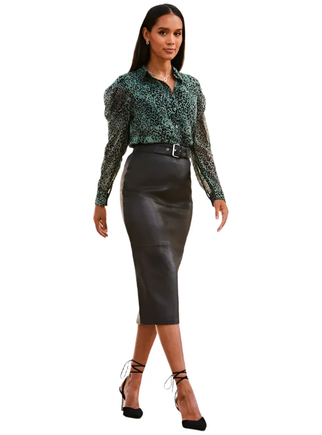 Women's Black Genuine Leather Pencil Midi Skirt