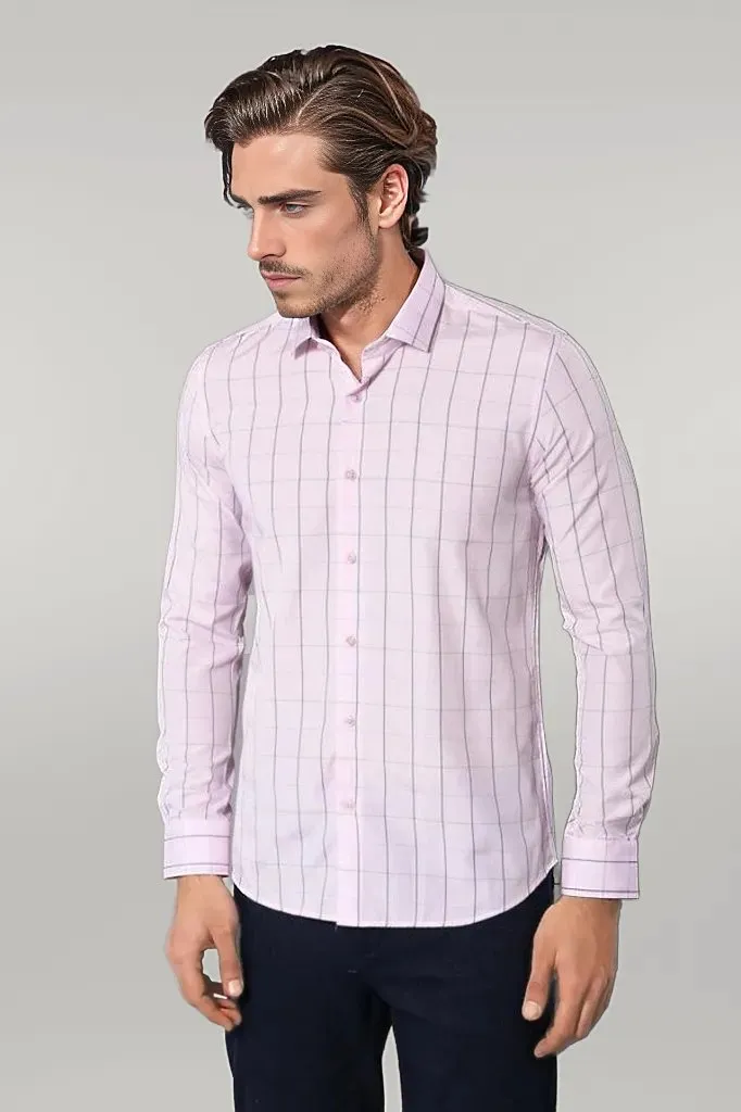 WSS Light Pink Plaid Shirt for Men  - Singen