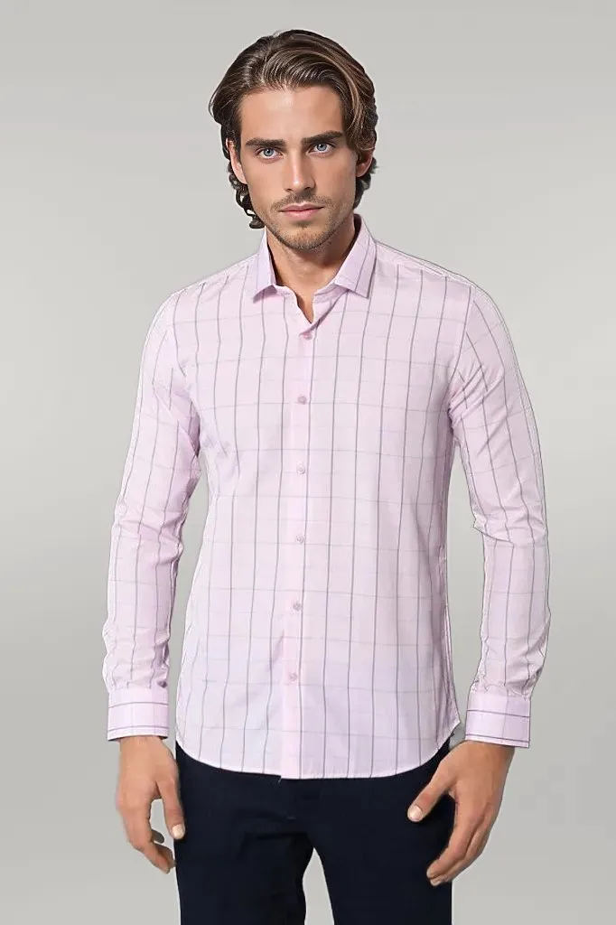 WSS Light Pink Plaid Shirt for Men  - Singen