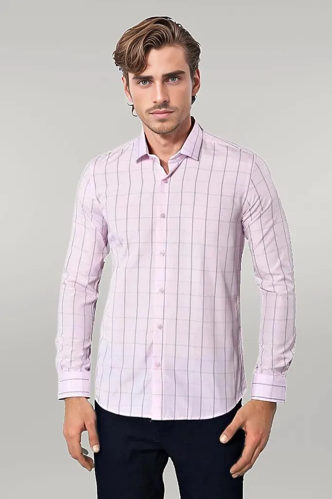 WSS Light Pink Plaid Shirt for Men  - Singen