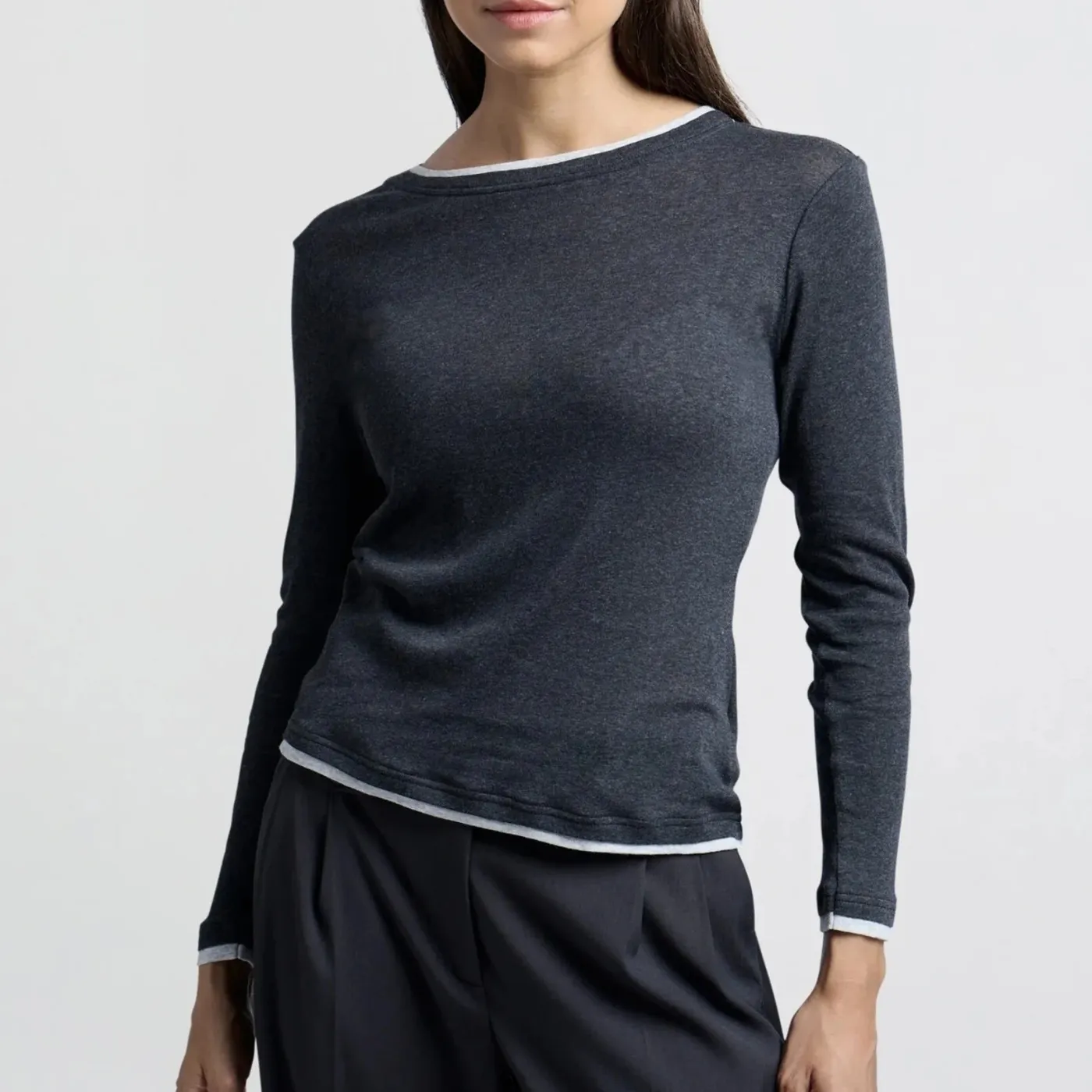 YAYA Anthracite Faux Double Layer Long Sleeve Top