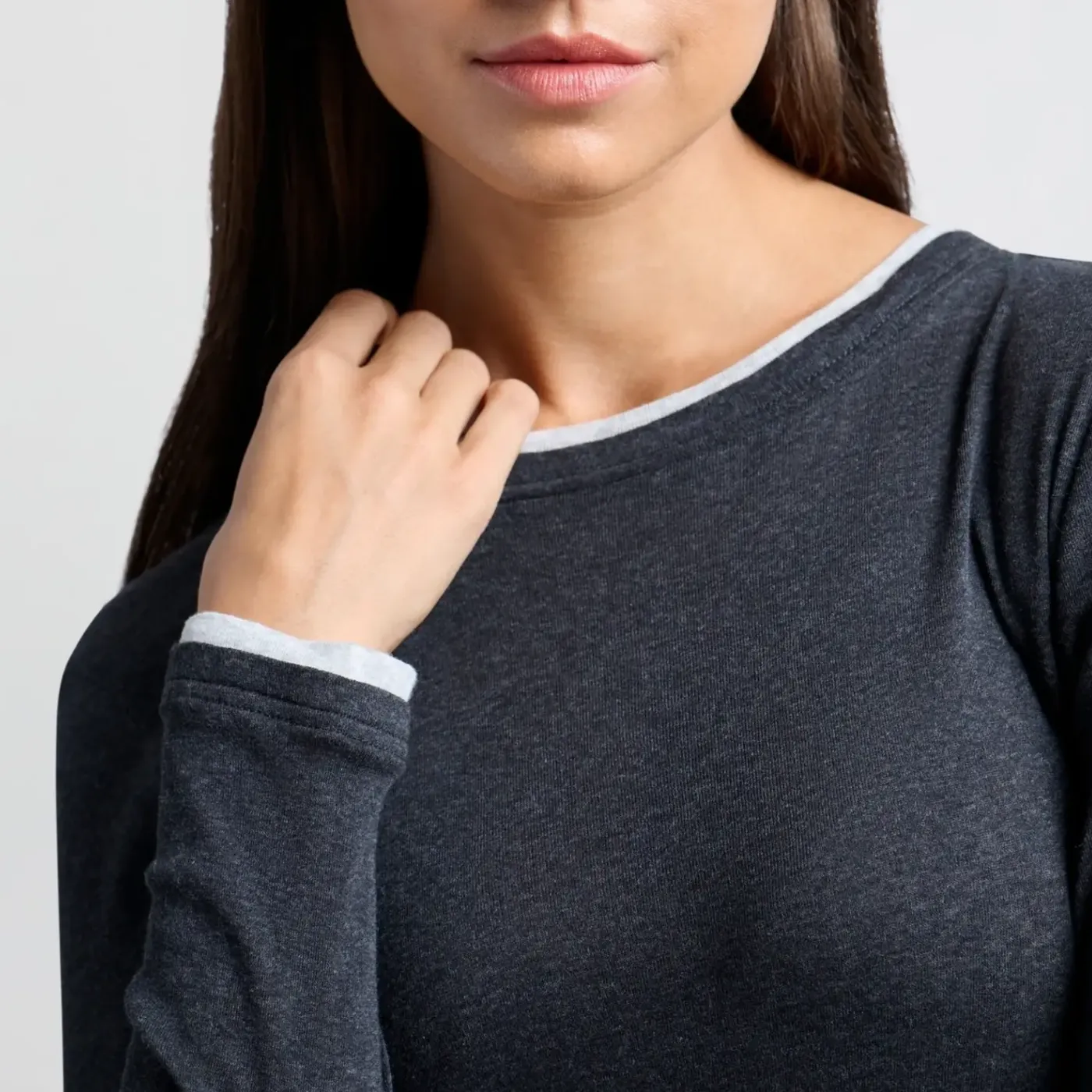 YAYA Anthracite Faux Double Layer Long Sleeve Top